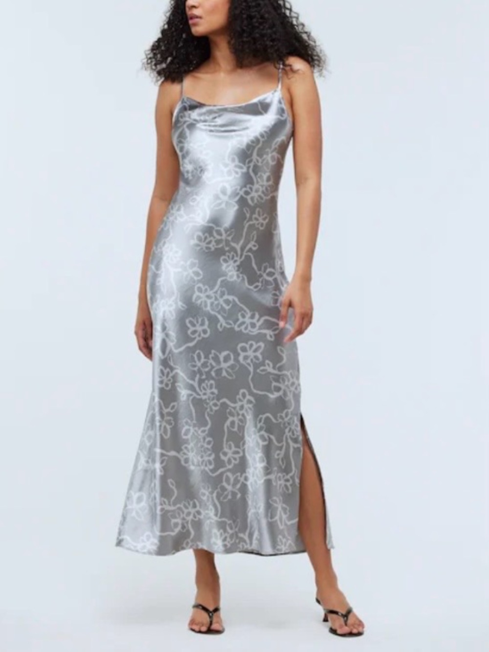 Madewell Metallic Midi Slip Dress in Floral Liquid Metal Silver size 4 - Picture 4 of 13